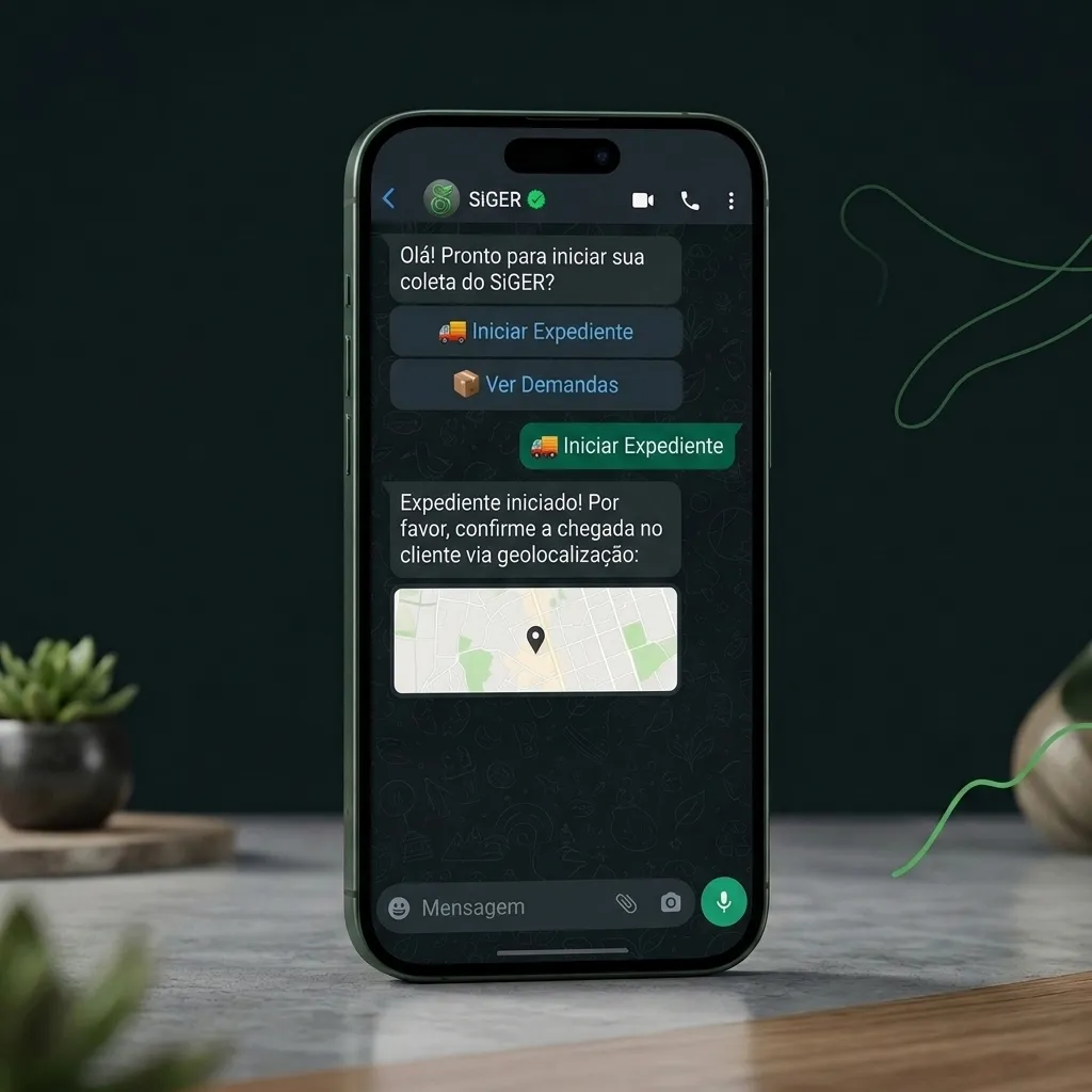 Mockup da interface do bot SiGER no WhatsApp em um celular